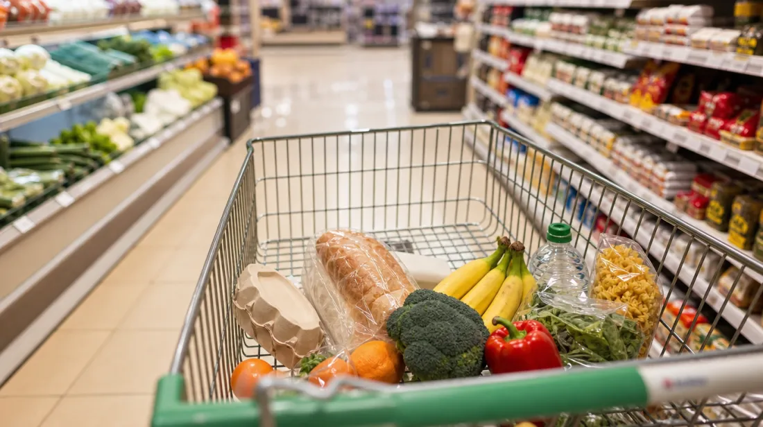 A grocery cart with everyday food items in a supermarket aisle